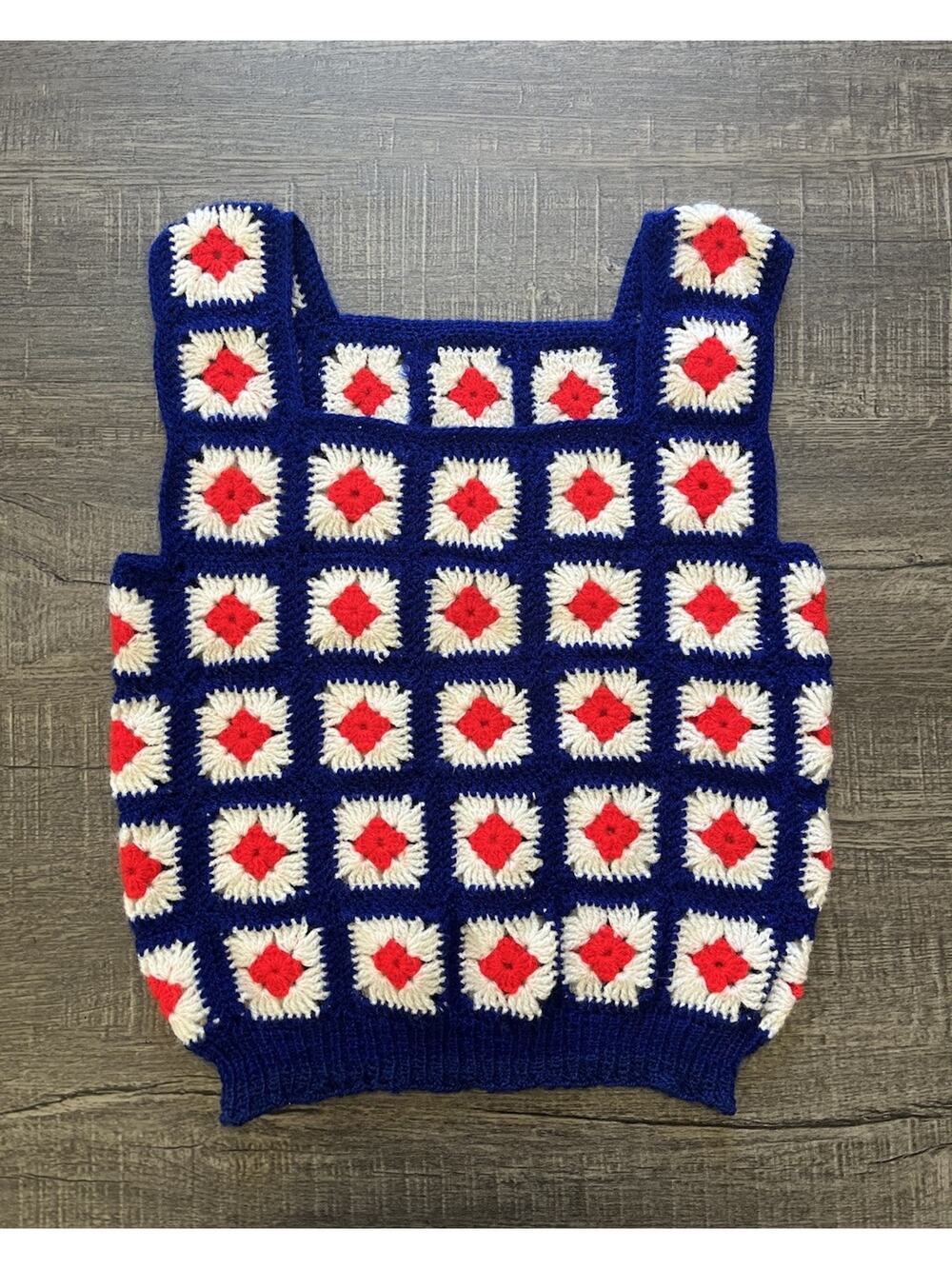 Retro Handmade Crochet Granny Square Tank Vest Crop Top Boho Hippie Festival XS